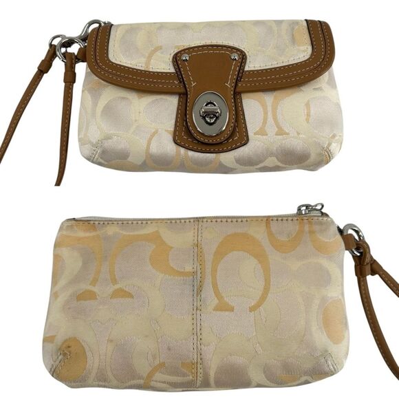 Coach Signature Legacy Ivory Khaki Canvas Leather Trim Wristlet Y2K - Picture 2 of 7